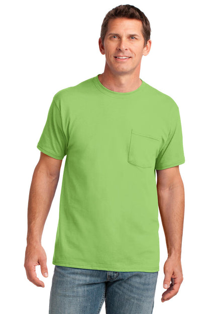 Front View of Lime Port & Company Core Cotton Pocket Tee. PC54P