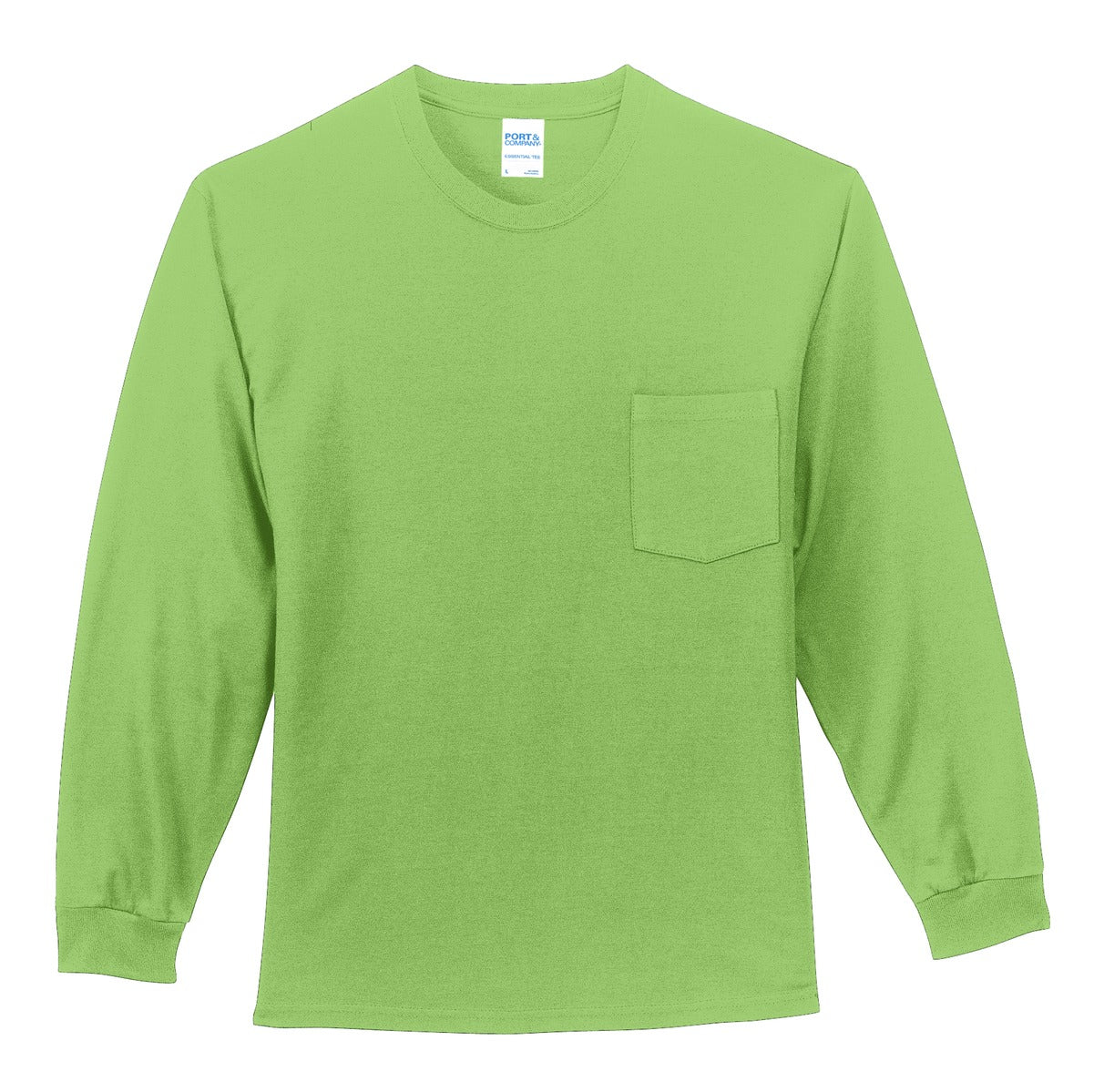 Front View of Lime Port & Company Long Sleeve Essential Pocket Tee. PC61LSP