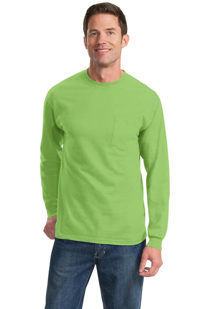 Front View of Lime Port & Company Long Sleeve Essential Pocket Tee. PC61LSP