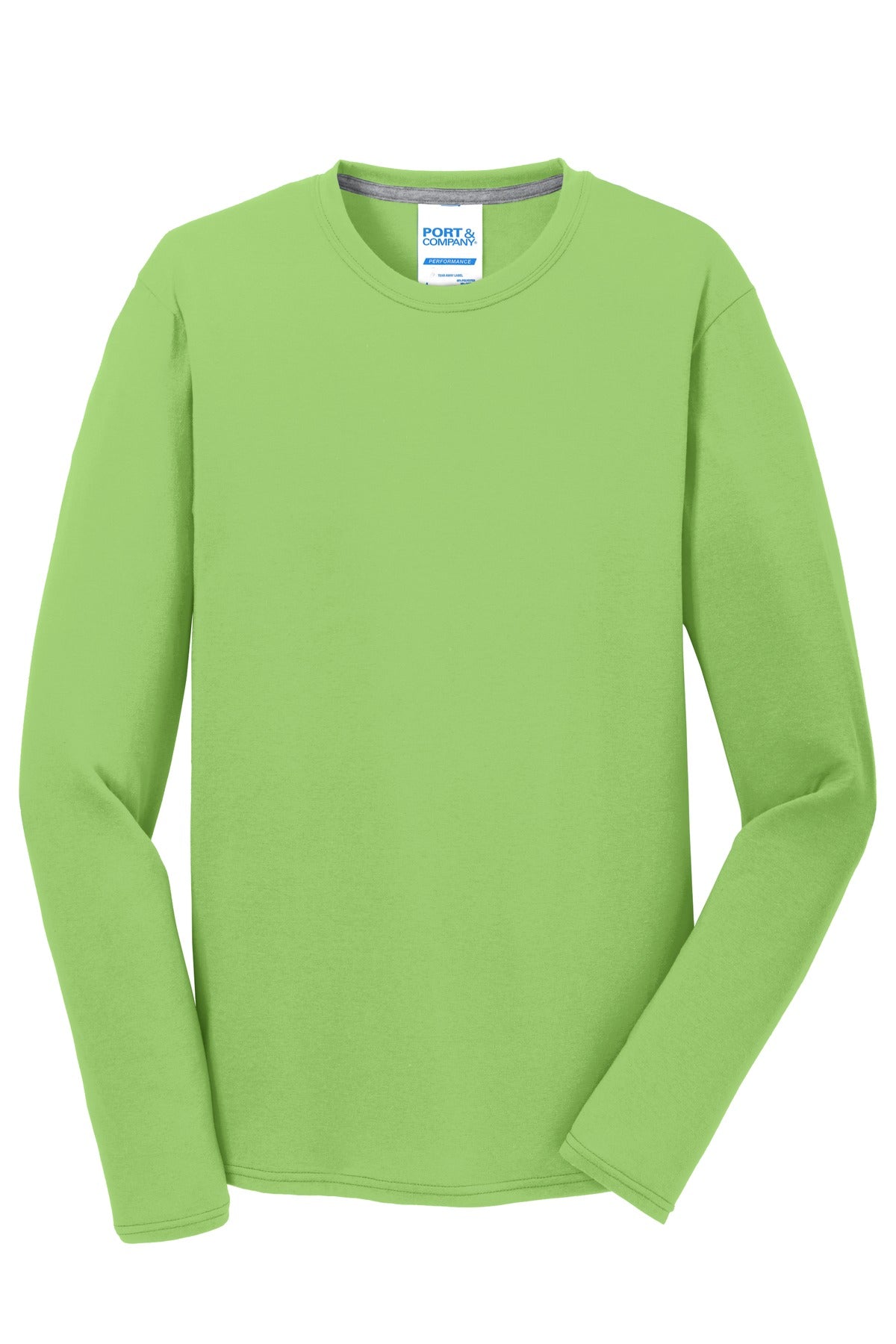 Front View of Lime Port & Company Long Sleeve Performance Blend Tee. PC381LS
