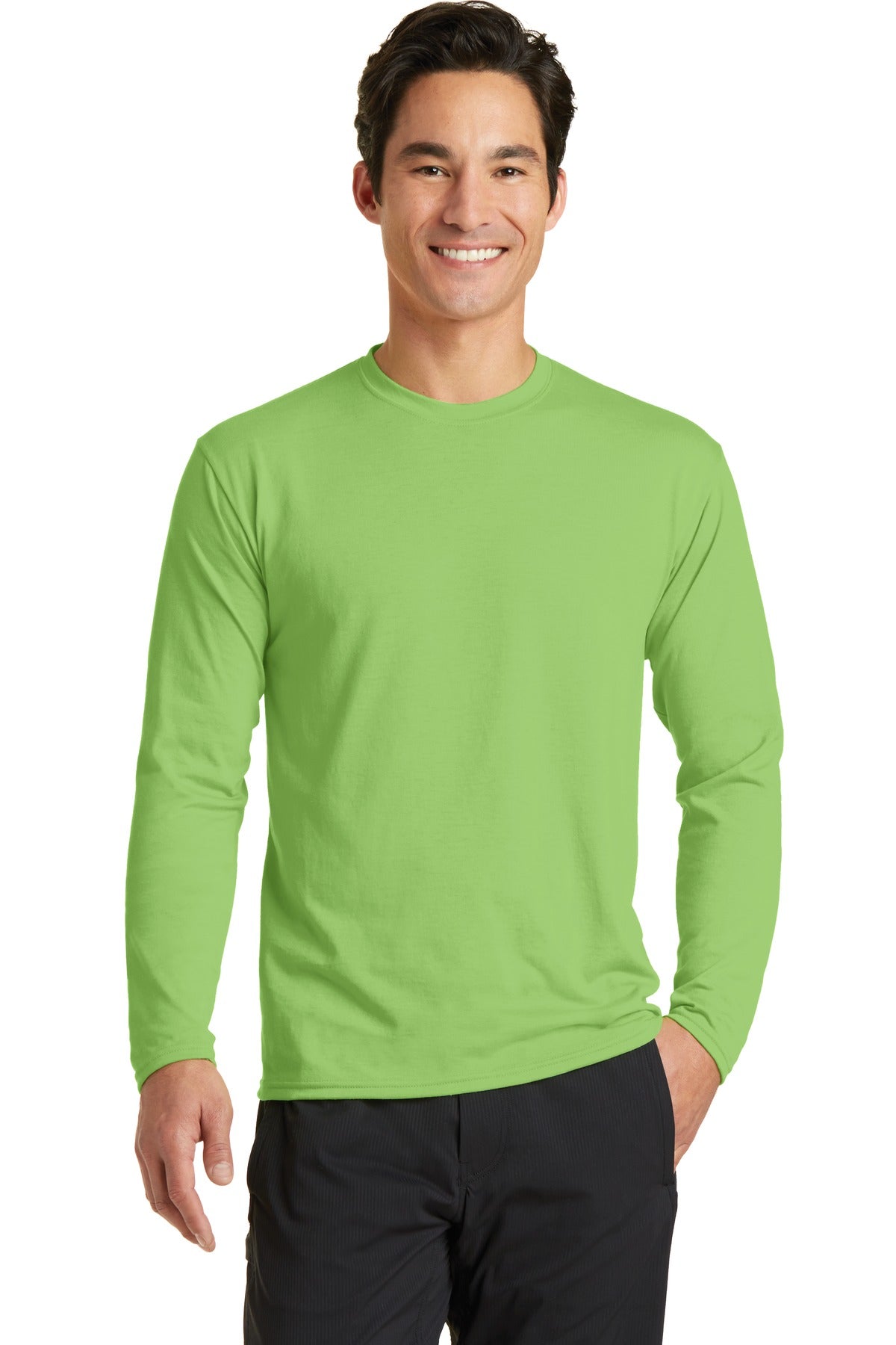 Front View of Lime Port & Company Long Sleeve Performance Blend Tee. PC381LS
