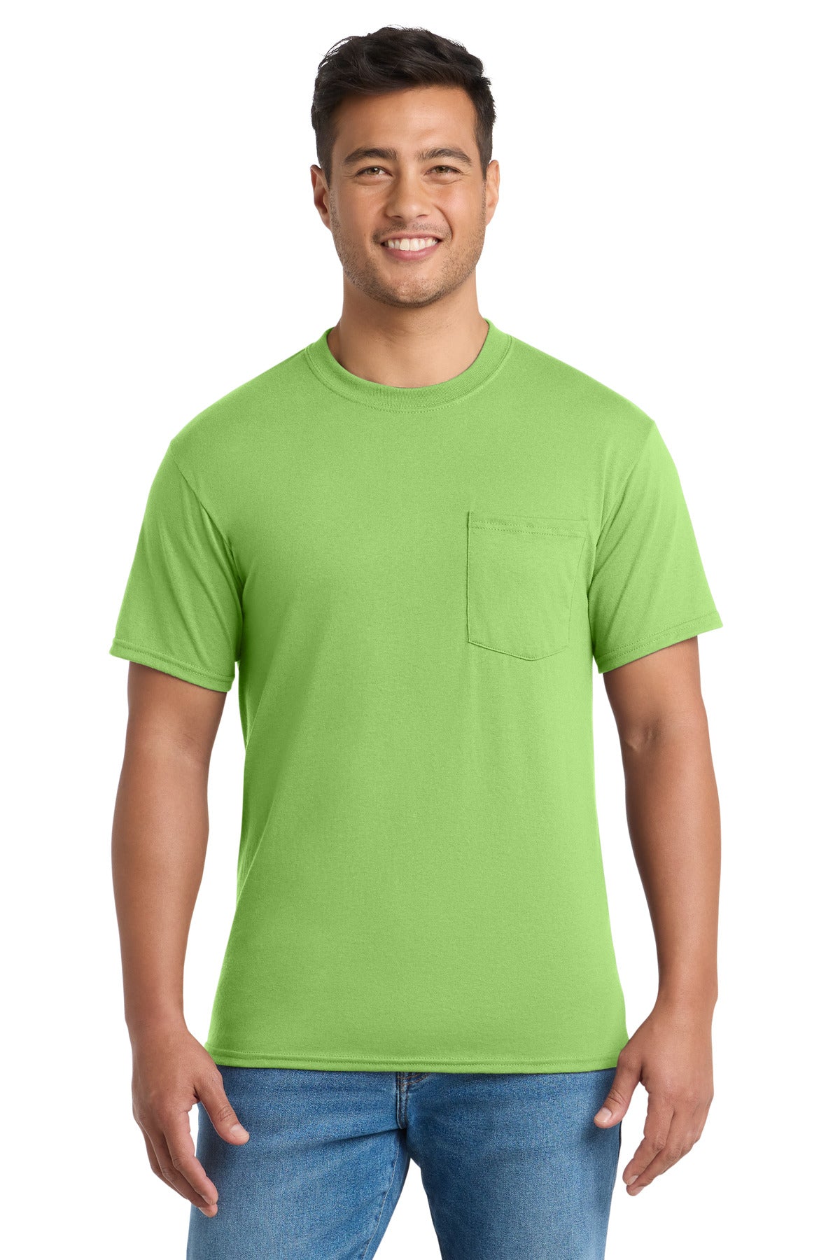 Front View of Lime Port & Company Tall Core Blend Pocket Tee. PC55PT