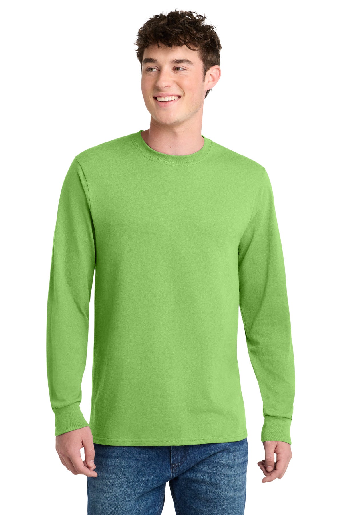 Front View of Lime Port & Company Tall Long Sleeve Core Blend Tee. PC55LST