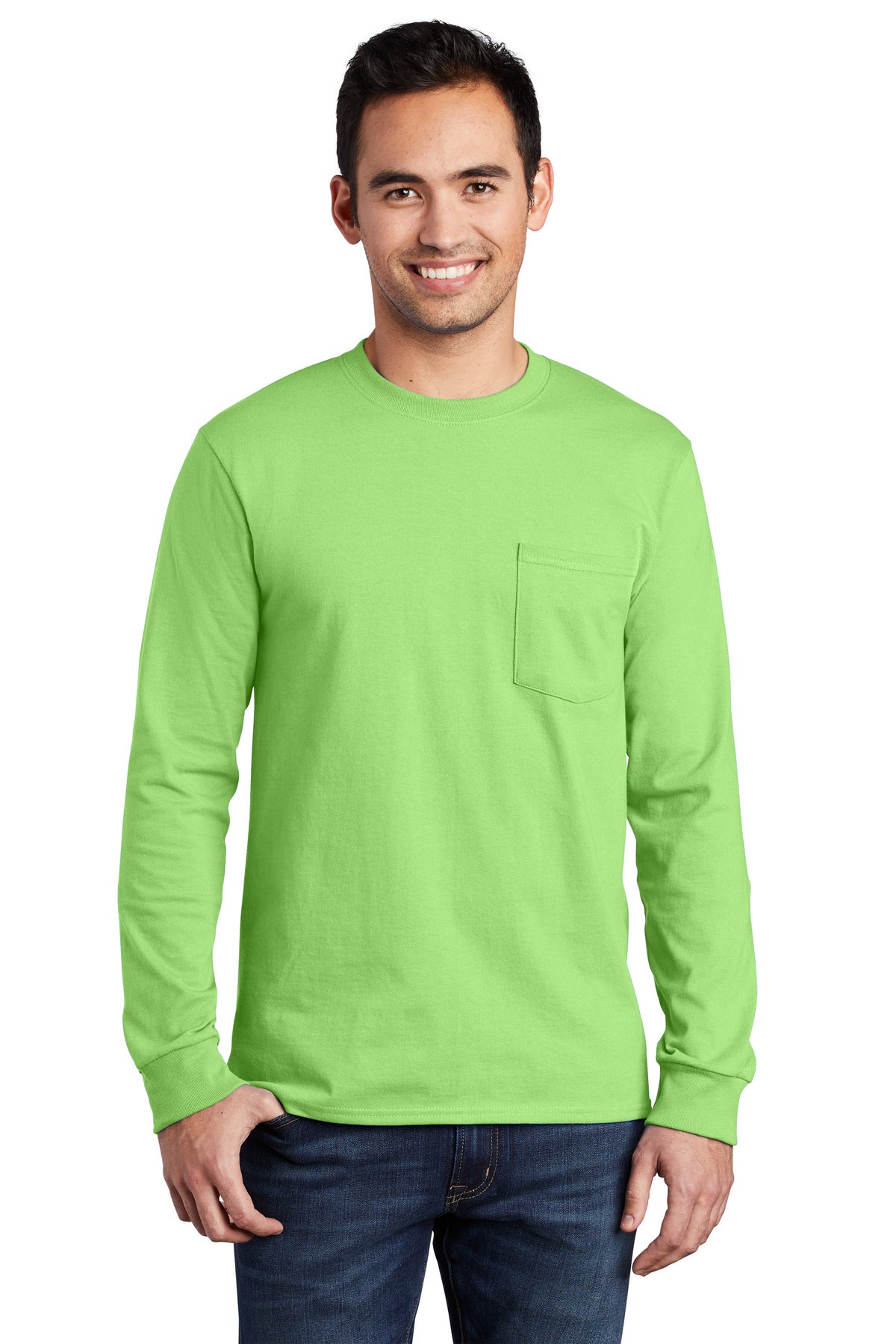 Front View of Lime Port & Company Tall Long Sleeve Essential Pocket Tee. PC61LSPT