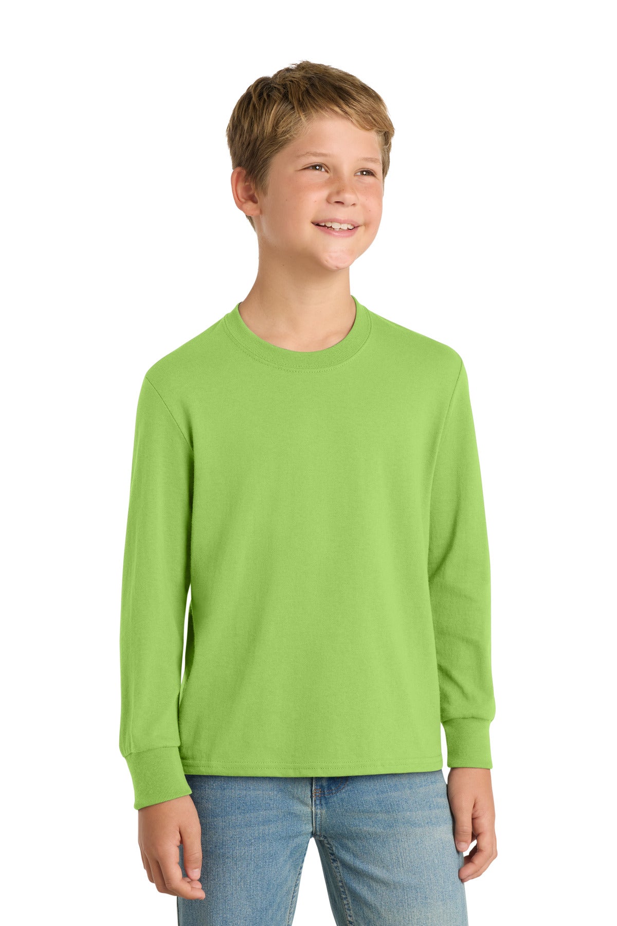 Front View of Lime Port & Company Youth Long Sleeve Core Cotton Tee. PC54YLS