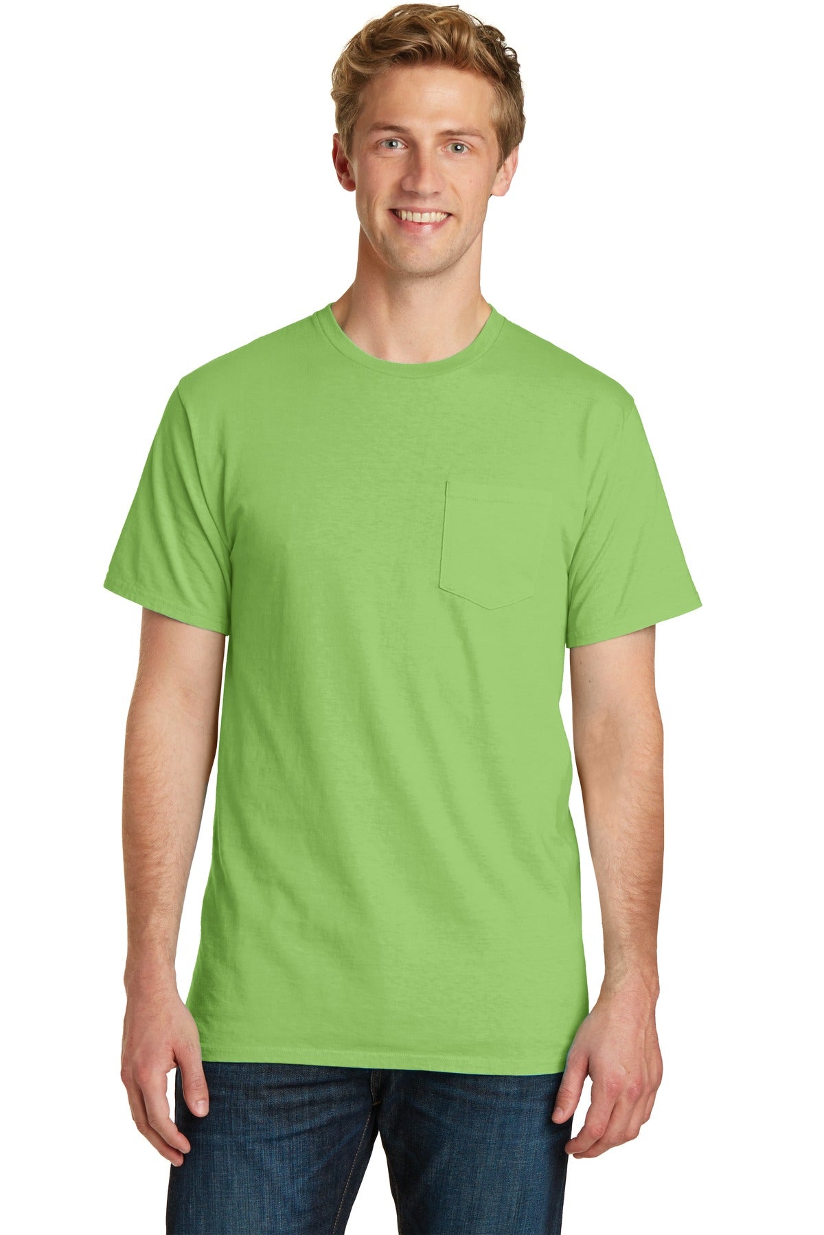 Front View of Limeade Port & Company Beach Wash Garment-Dyed Pocket Tee. PC099P