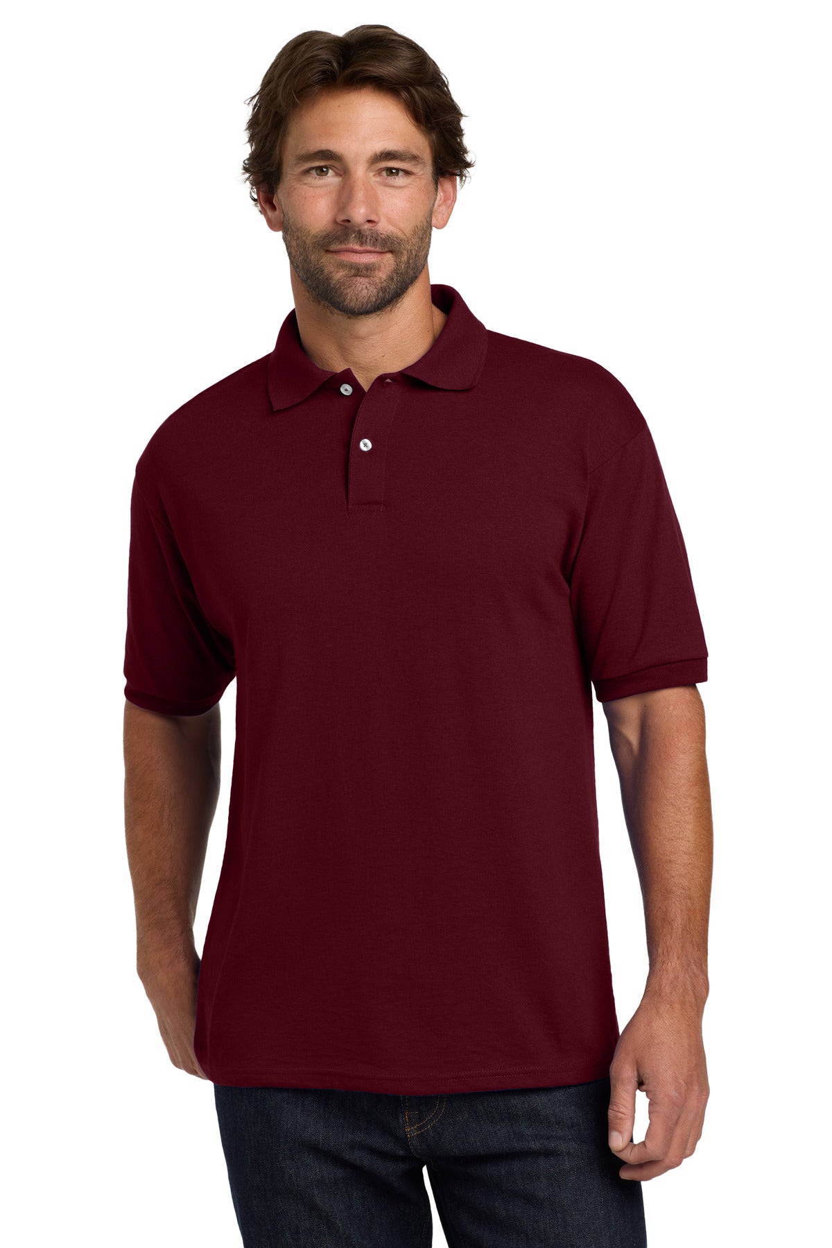Front View of Maroon Hanes EcoSmart - 5.2-Ounce Jersey Knit Sport Shirt 054X