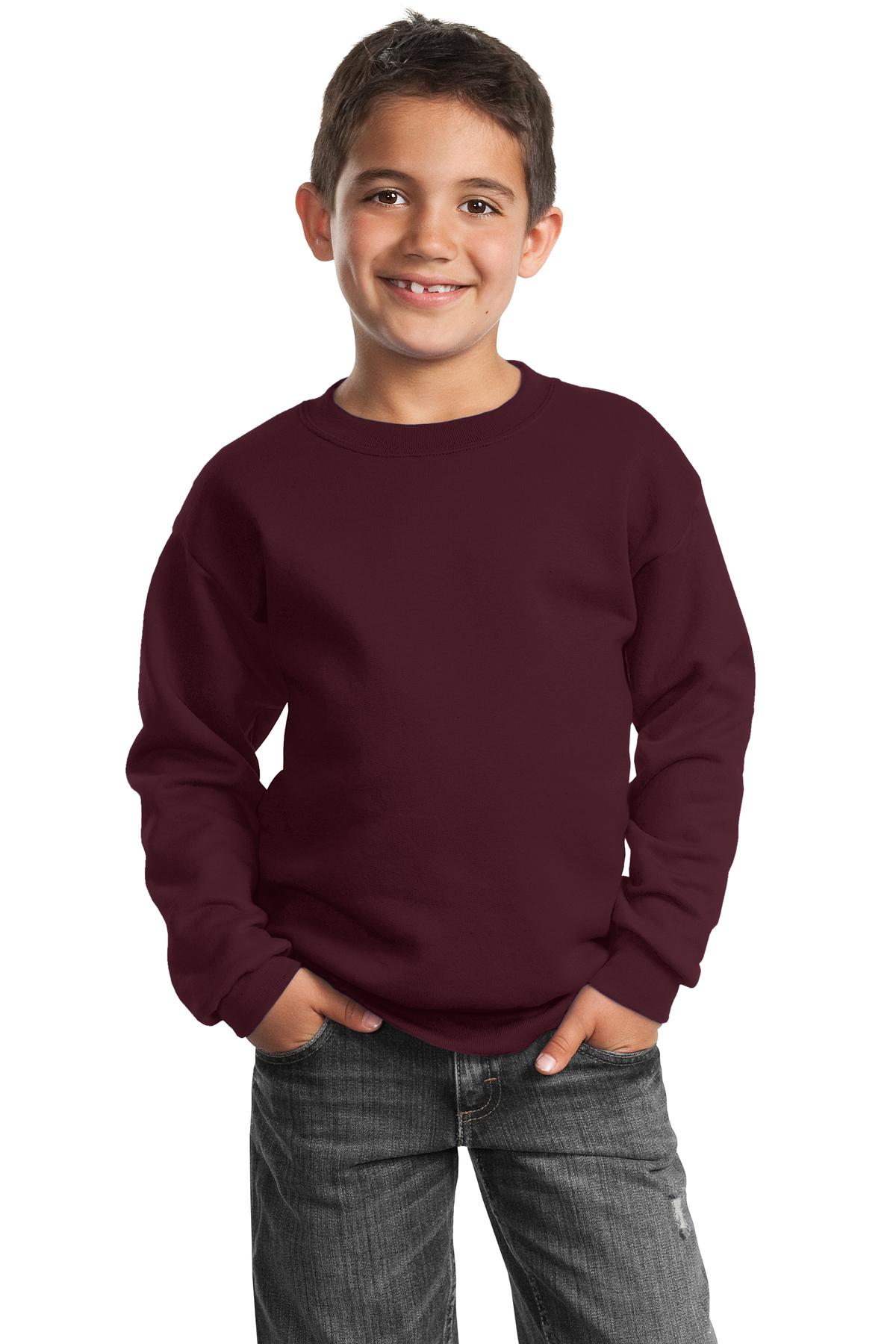 Front View of Maroon Port & Company Youth Core Fleece Crewneck Sweatshirt. PC90Y
