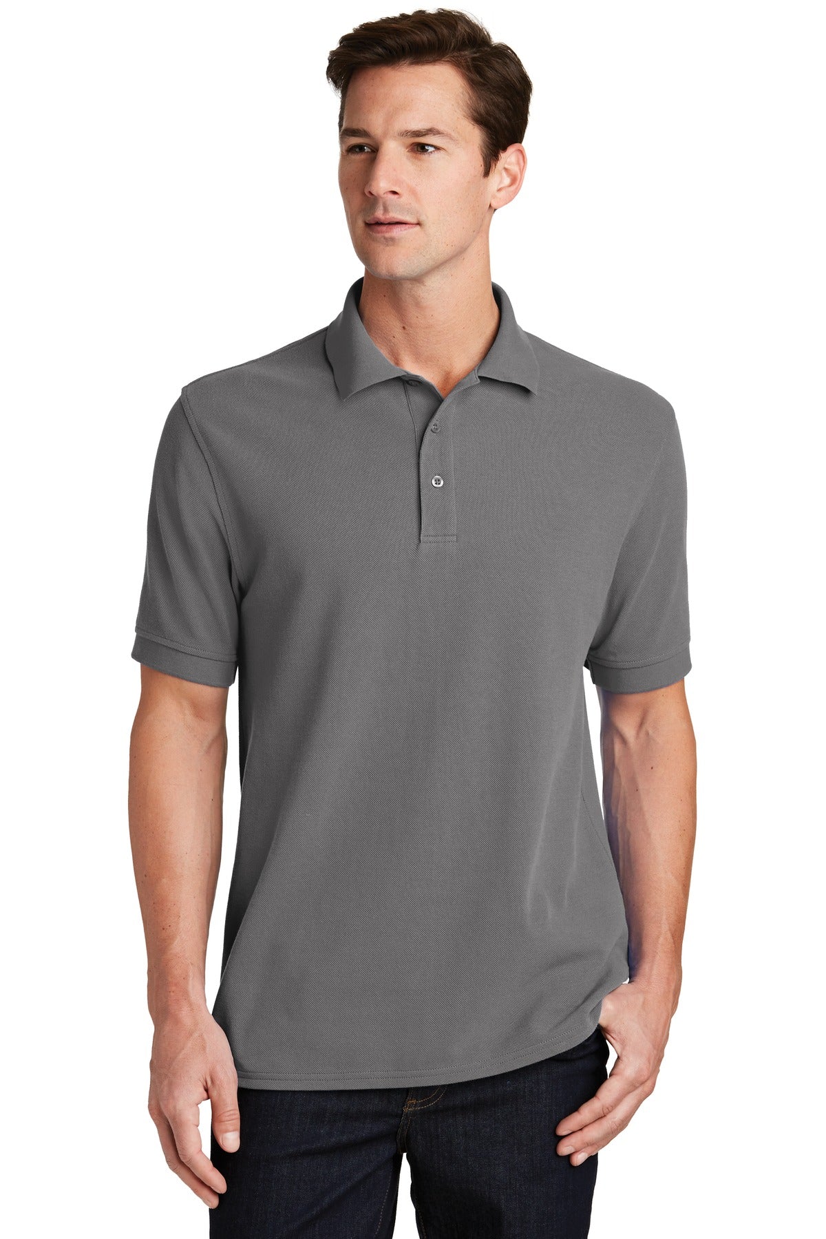 Front View of Medium Grey Port & Company Combed Ring Spun Pique Polo. KP1500