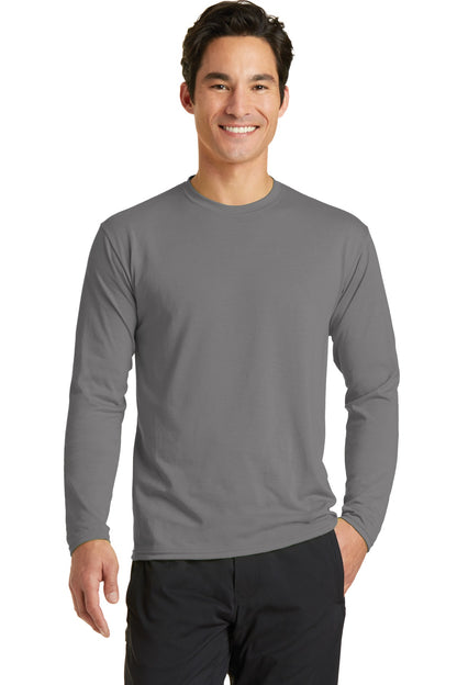 Front View of Medium Grey Port & Company Long Sleeve Performance Blend Tee. PC381LS