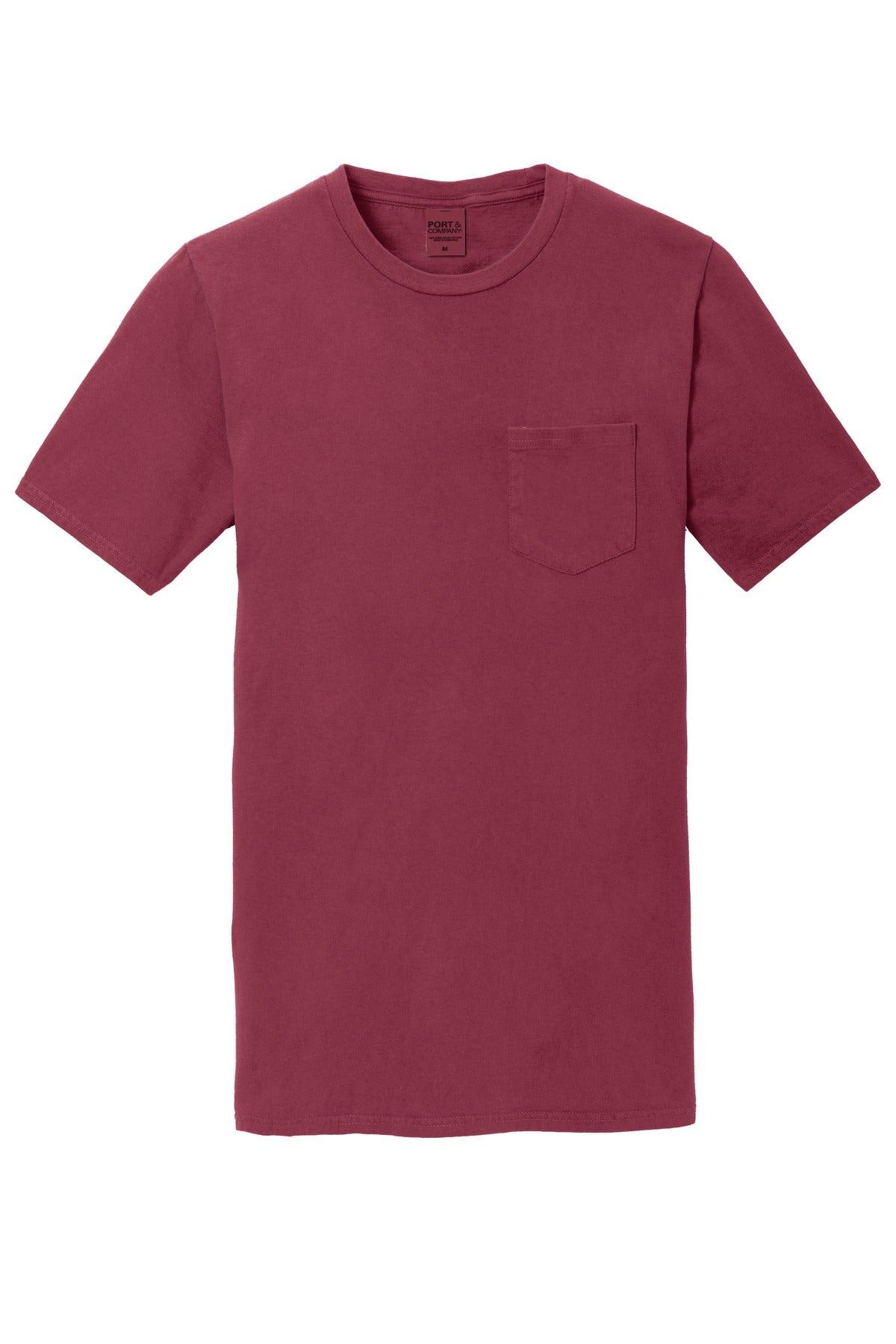 Front View of Merlot Port & Company Beach Wash Garment-Dyed Pocket Tee. PC099P