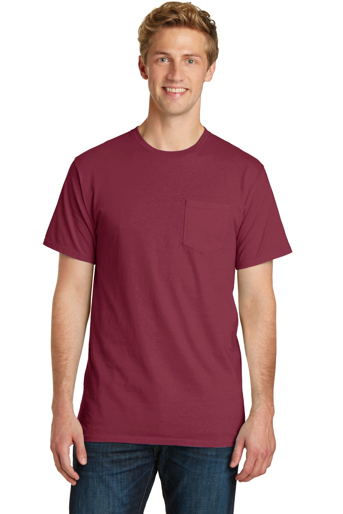 Front View of Merlot Port & Company Beach Wash Garment-Dyed Pocket Tee. PC099P
