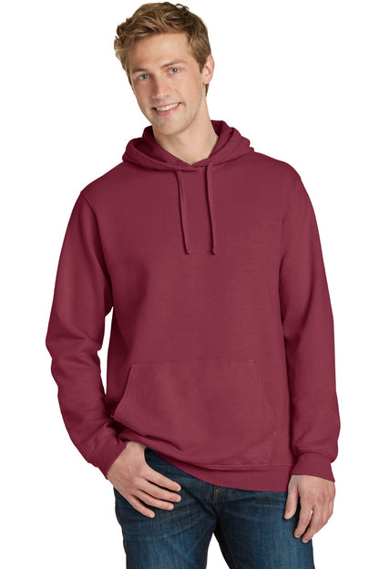 Front View of Merlot Port & Company Beach Wash Garment-Dyed Pullover Hooded Sweatshirt. PC098H