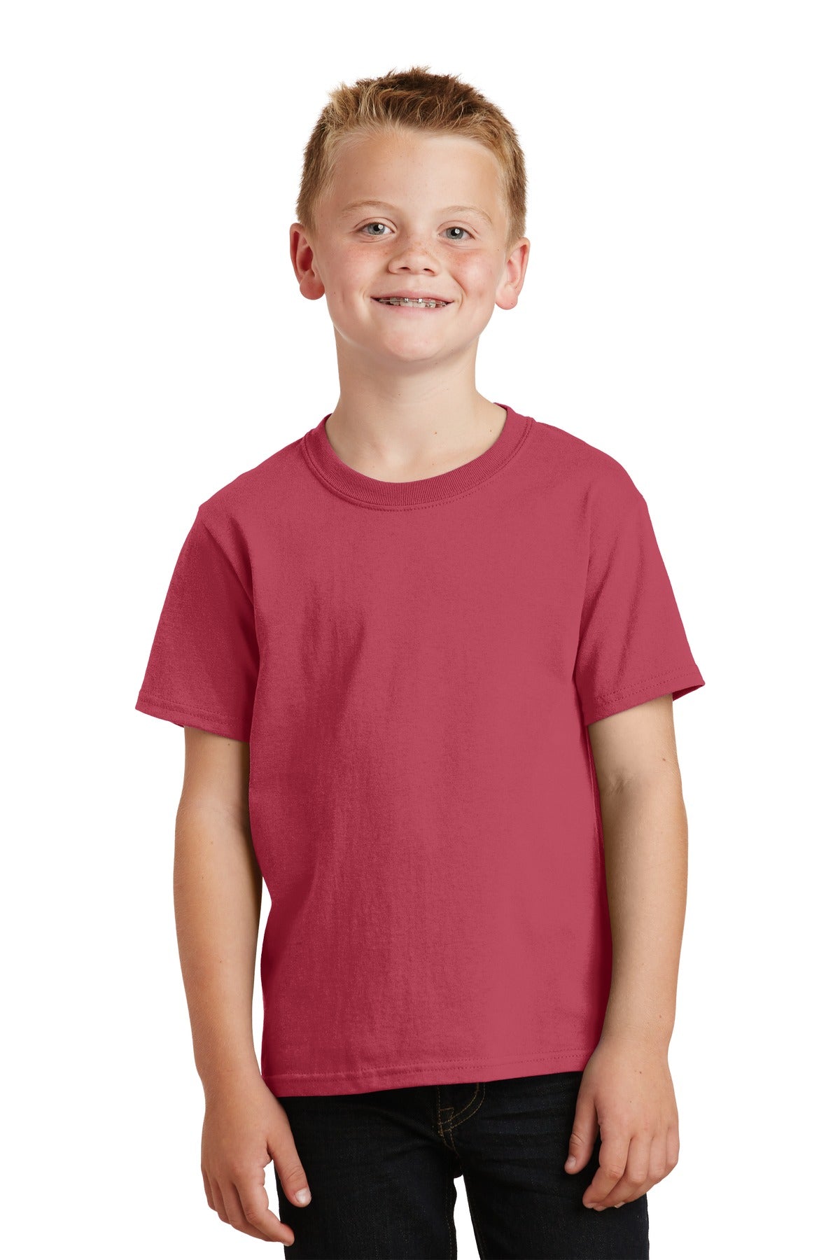 Front View of Merlot Port & Company Youth Beach Wash Garment-Dyed Tee. PC099Y