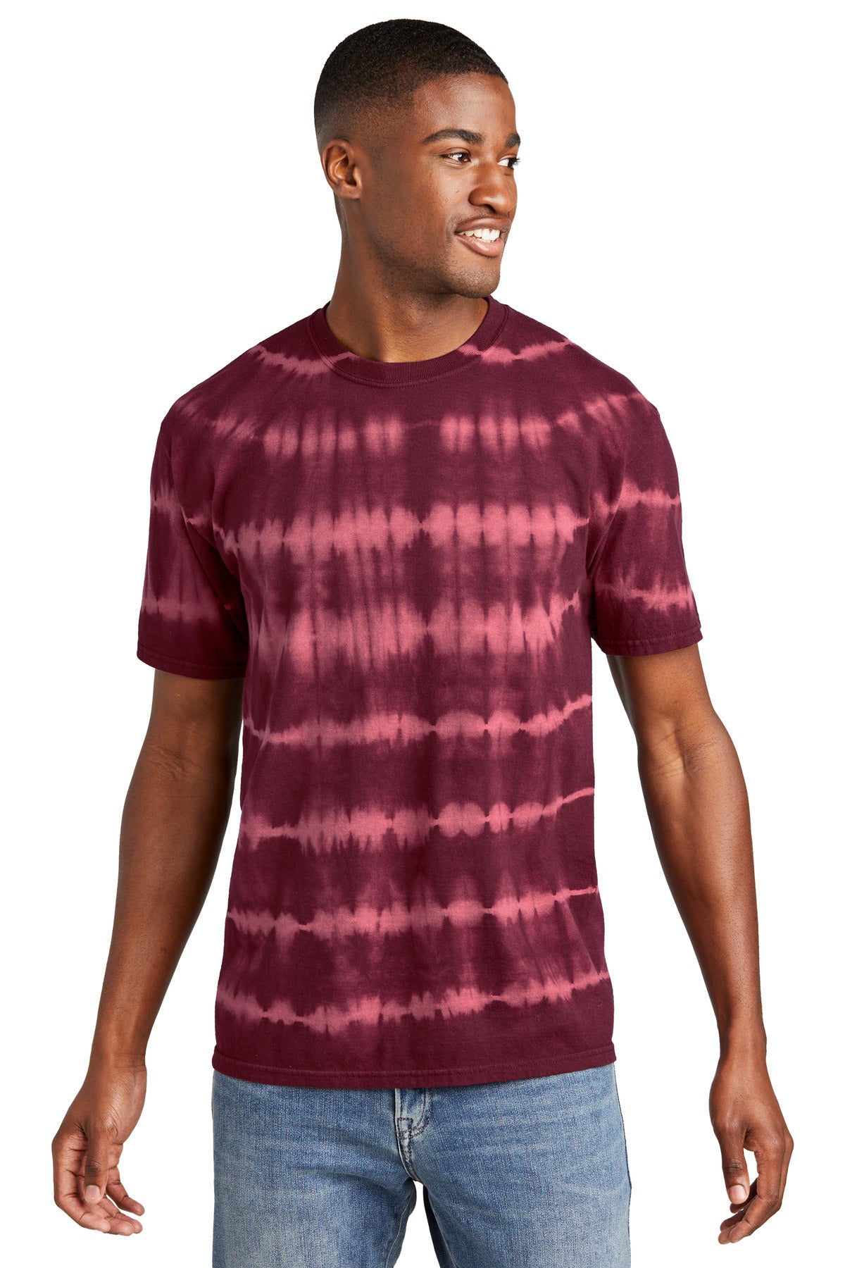 Front View of Merlt/Burg Port & Company Allover Stripe Tie-Dye Tee PC142