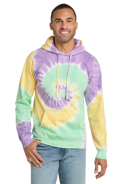 Front View of MintRnbw Port & Company Tie-Dye Pullover Hooded Sweatshirt. PC146