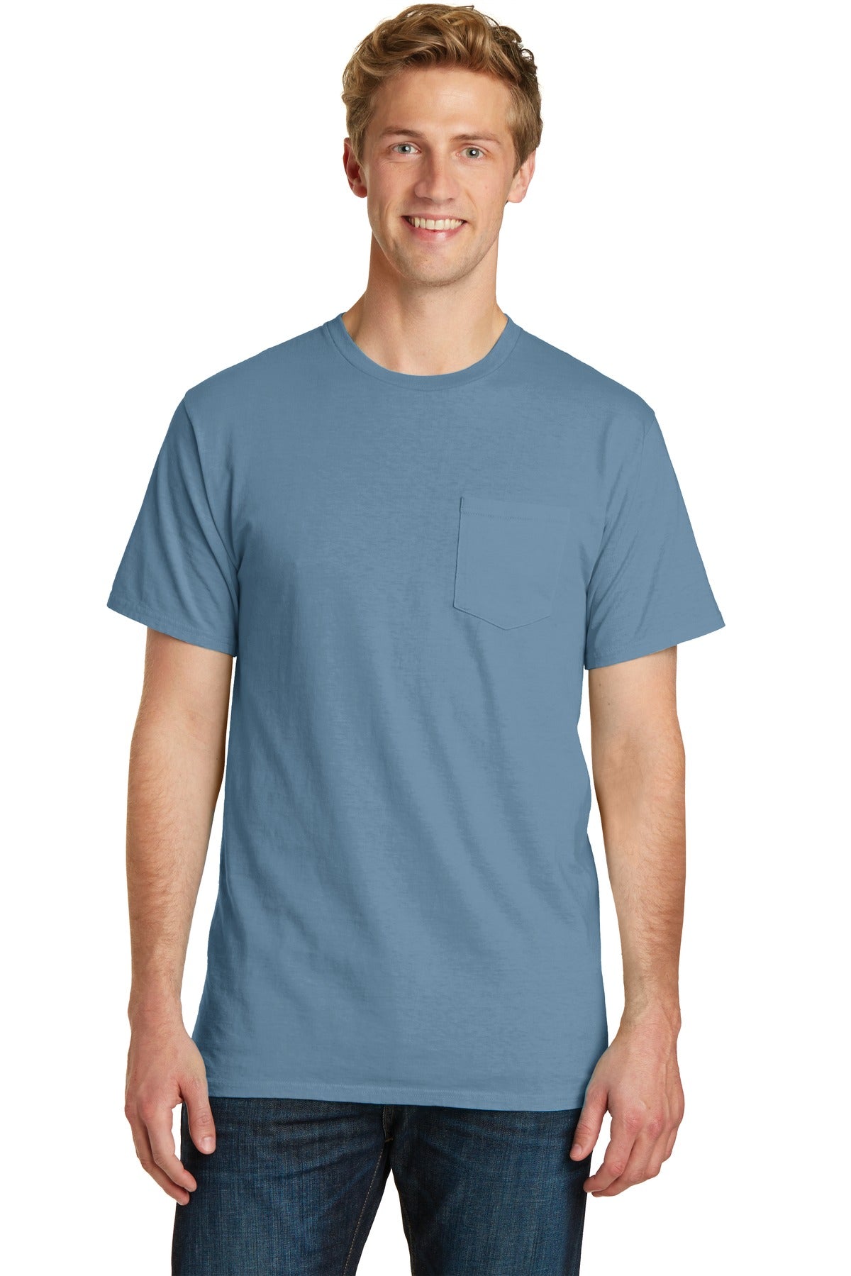 Front View of Mist Port & Company Beach Wash Garment-Dyed Pocket Tee. PC099P