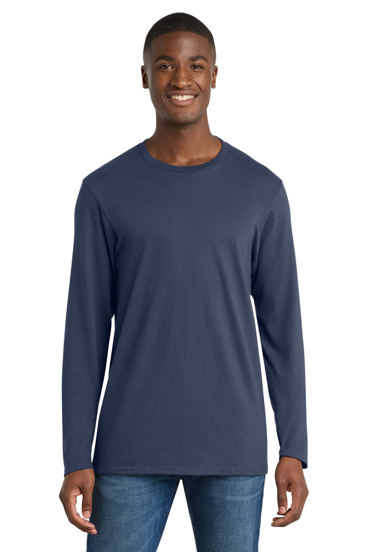 Front View of Navy Blue Port & Company Long Sleeve Bouncer Tee PC600LS