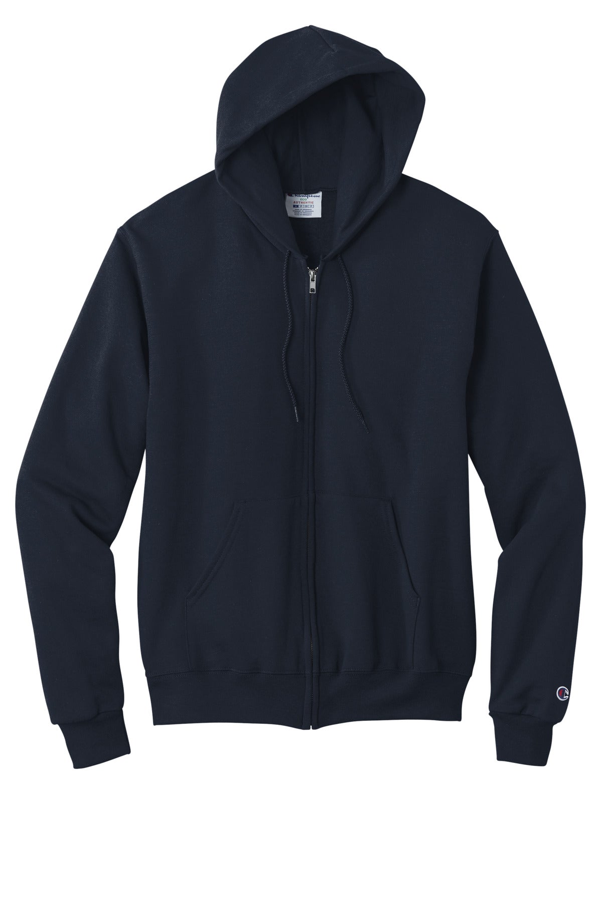Front View of Navy Champion Powerblend Full-Zip Hoodie.S800