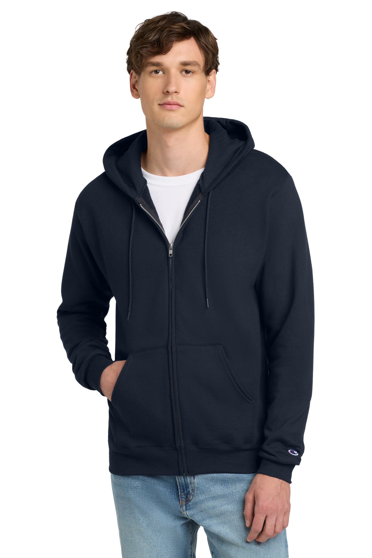 Front View of Navy Champion Powerblend Full-Zip Hoodie.S800