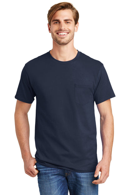 Front View of Navy Hanes - Authentic 100% Cotton T-Shirt with Pocket. 5590