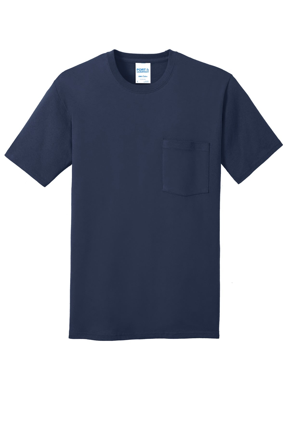 Front View of Navy Port & Company Core Cotton Pocket Tee. PC54P