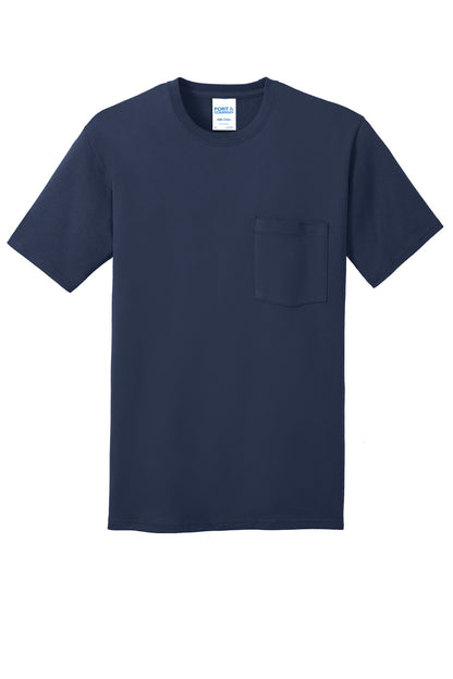 Front View of Navy Port & Company Core Cotton Pocket Tee. PC54P