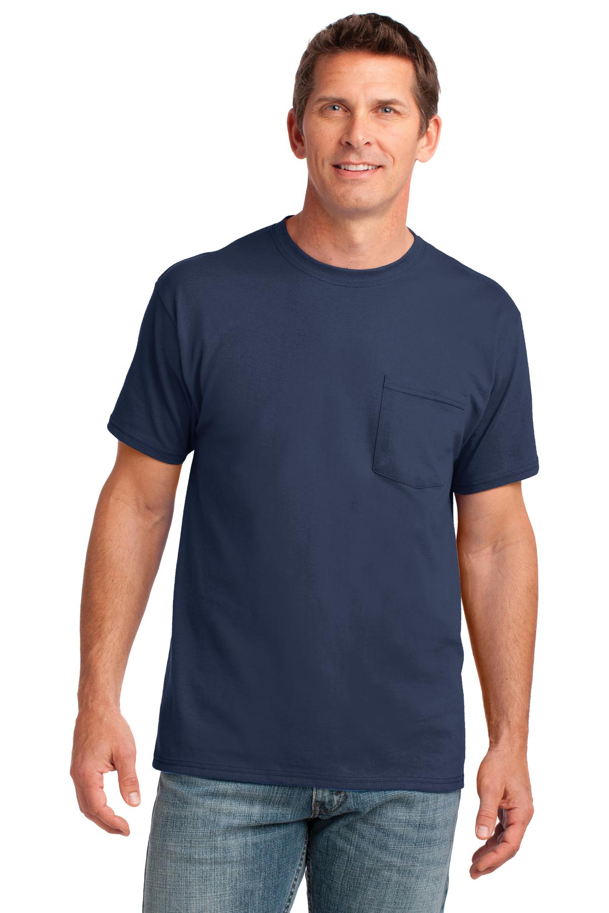 Front View of Navy Port & Company Core Cotton Pocket Tee. PC54P