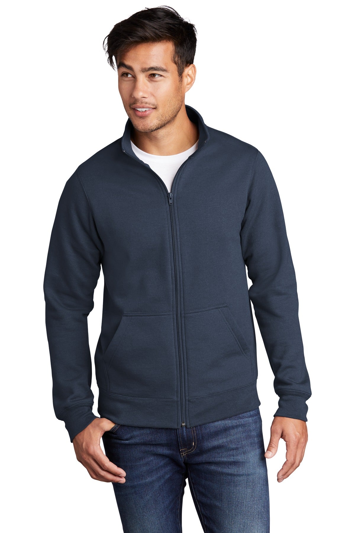 Front View of Navy Port & Company Core Fleece Cadet Full-Zip Sweatshirt PC78FZ
