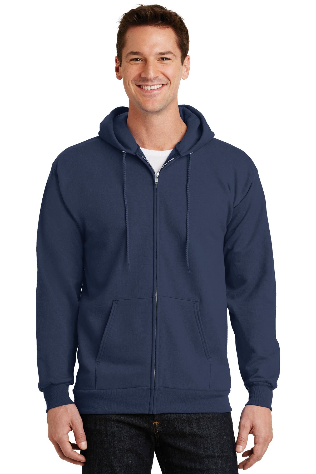 Front View of Navy Port & Company Essential Fleece Full-Zip Hooded Sweatshirt. PC90ZH