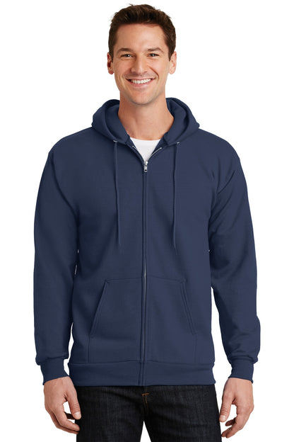 Front View of Navy Port & Company Essential Fleece Full-Zip Hooded Sweatshirt. PC90ZH