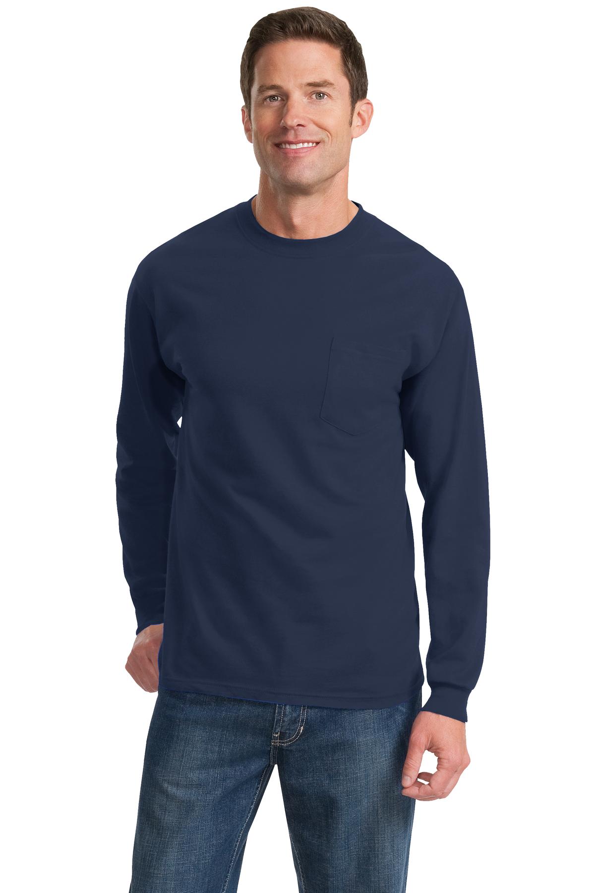 Front View of Navy Port & Company Long Sleeve Essential Pocket Tee. PC61LSP