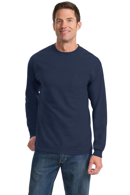 Front View of Navy Port & Company Long Sleeve Essential Pocket Tee. PC61LSP