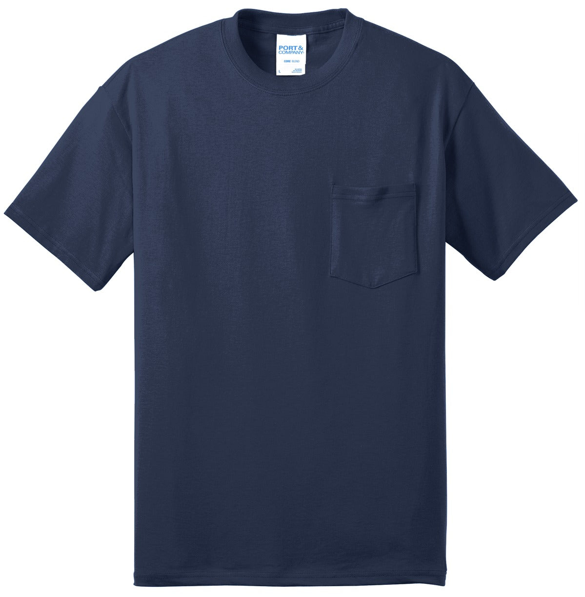 Front View of Navy Port & Company Tall Core Blend Pocket Tee. PC55PT