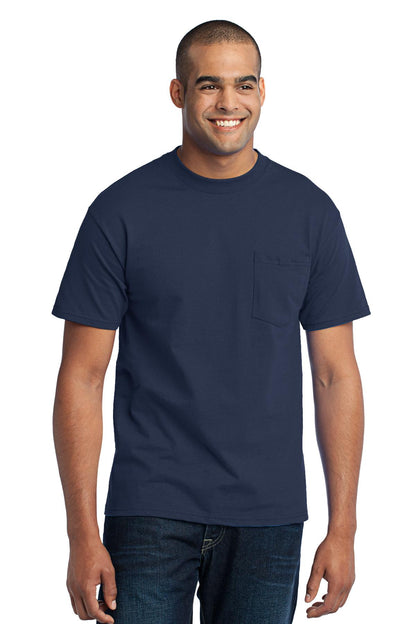 Front View of Navy Port & Company Tall Core Blend Pocket Tee. PC55PT