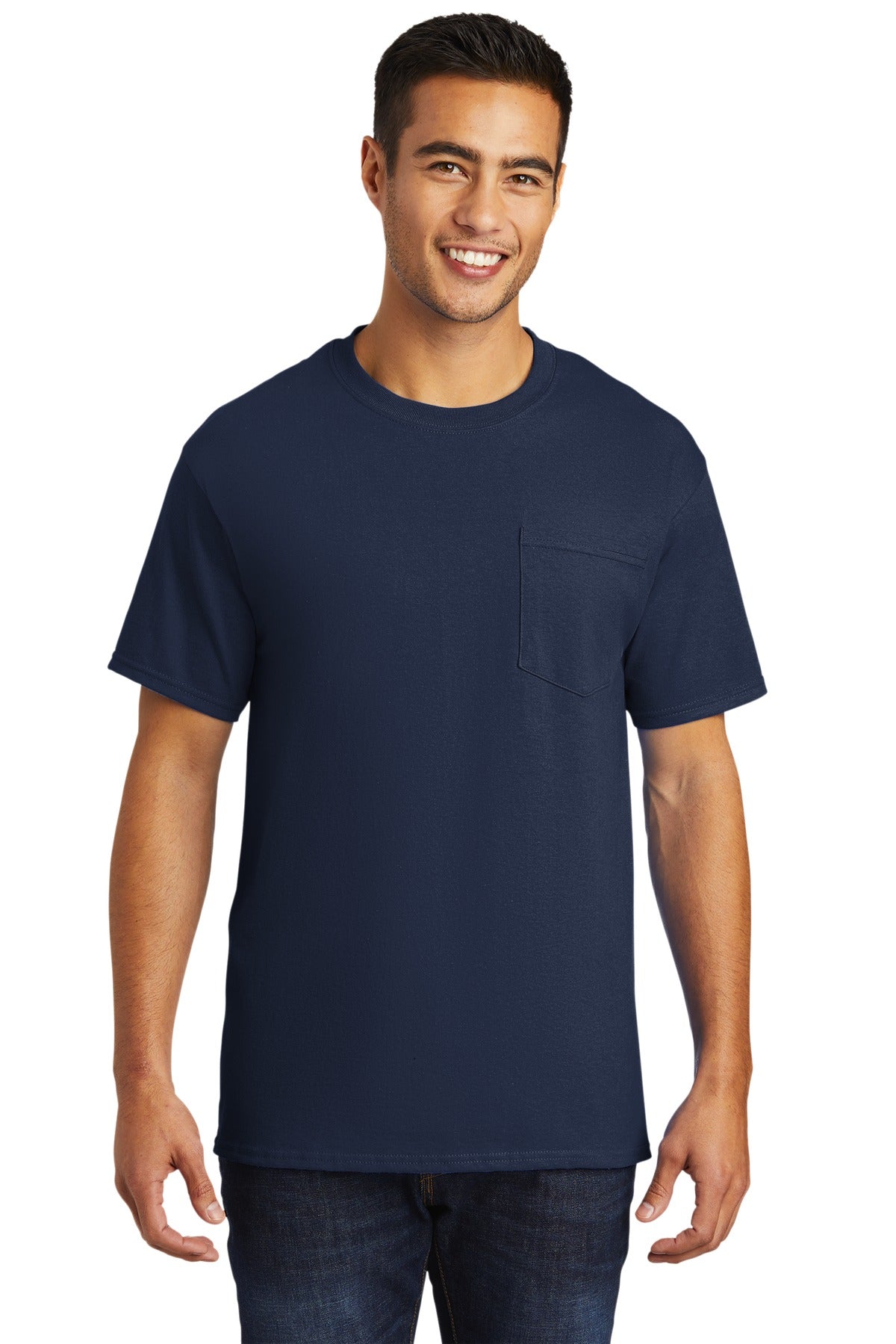 Front View of Navy Port & Company - Tall Essential Pocket Tee. PC61PT