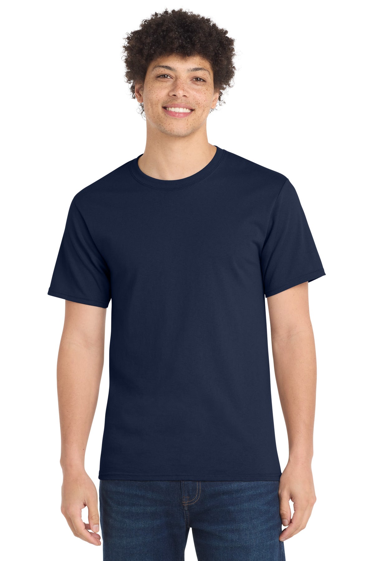 Front View of Navy Port & Company Tall Essential Tee. PC61T