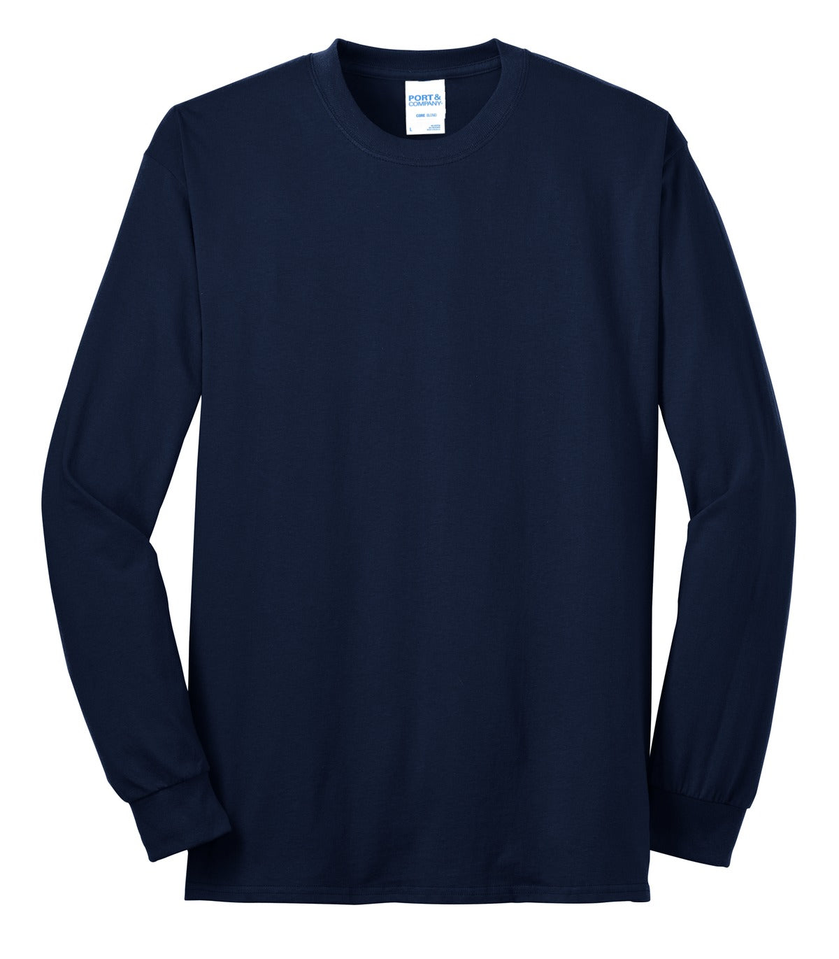 Front View of Navy Port & Company Tall Long Sleeve Core Blend Tee. PC55LST