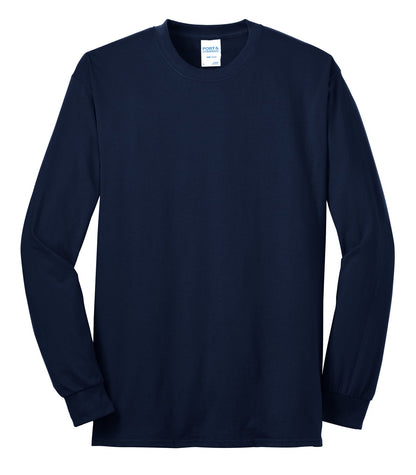 Front View of Navy Port & Company Tall Long Sleeve Core Blend Tee. PC55LST