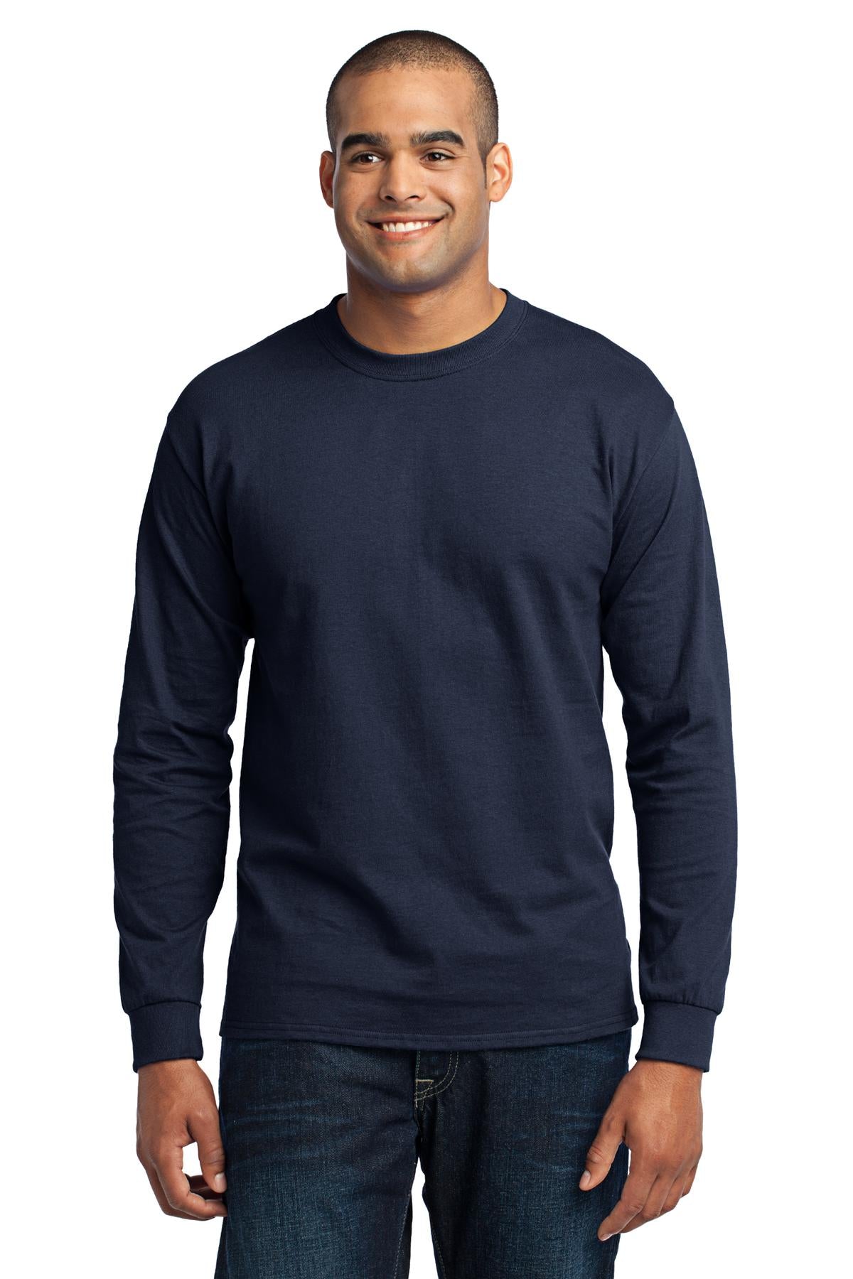 Front View of Navy Port & Company Tall Long Sleeve Core Blend Tee. PC55LST
