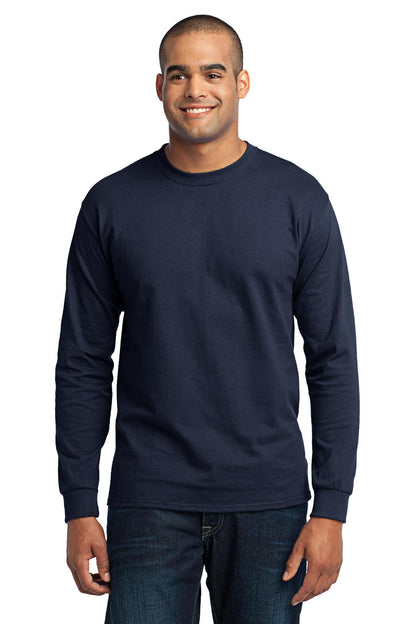 Front View of Navy Port & Company Tall Long Sleeve Core Blend Tee. PC55LST