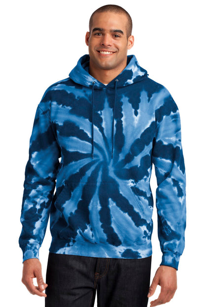 Front View of Navy Port & Company Tie-Dye Pullover Hooded Sweatshirt. PC146