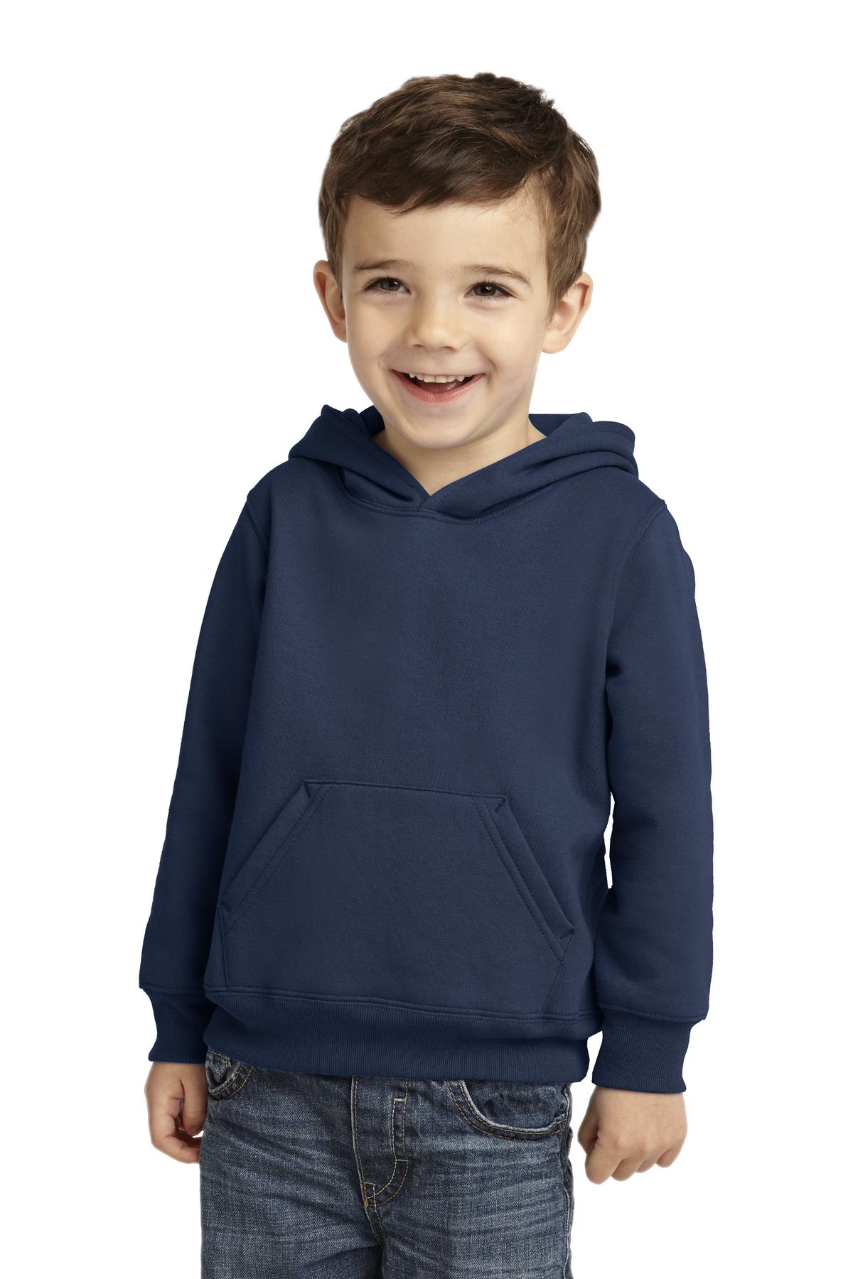 Front View of Navy Port & Company Toddler Core Fleece Pullover Hooded Sweatshirt. CAR78TH