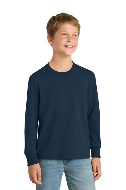 Front View of Navy Port & Company Youth Long Sleeve Core Cotton Tee. PC54YLS