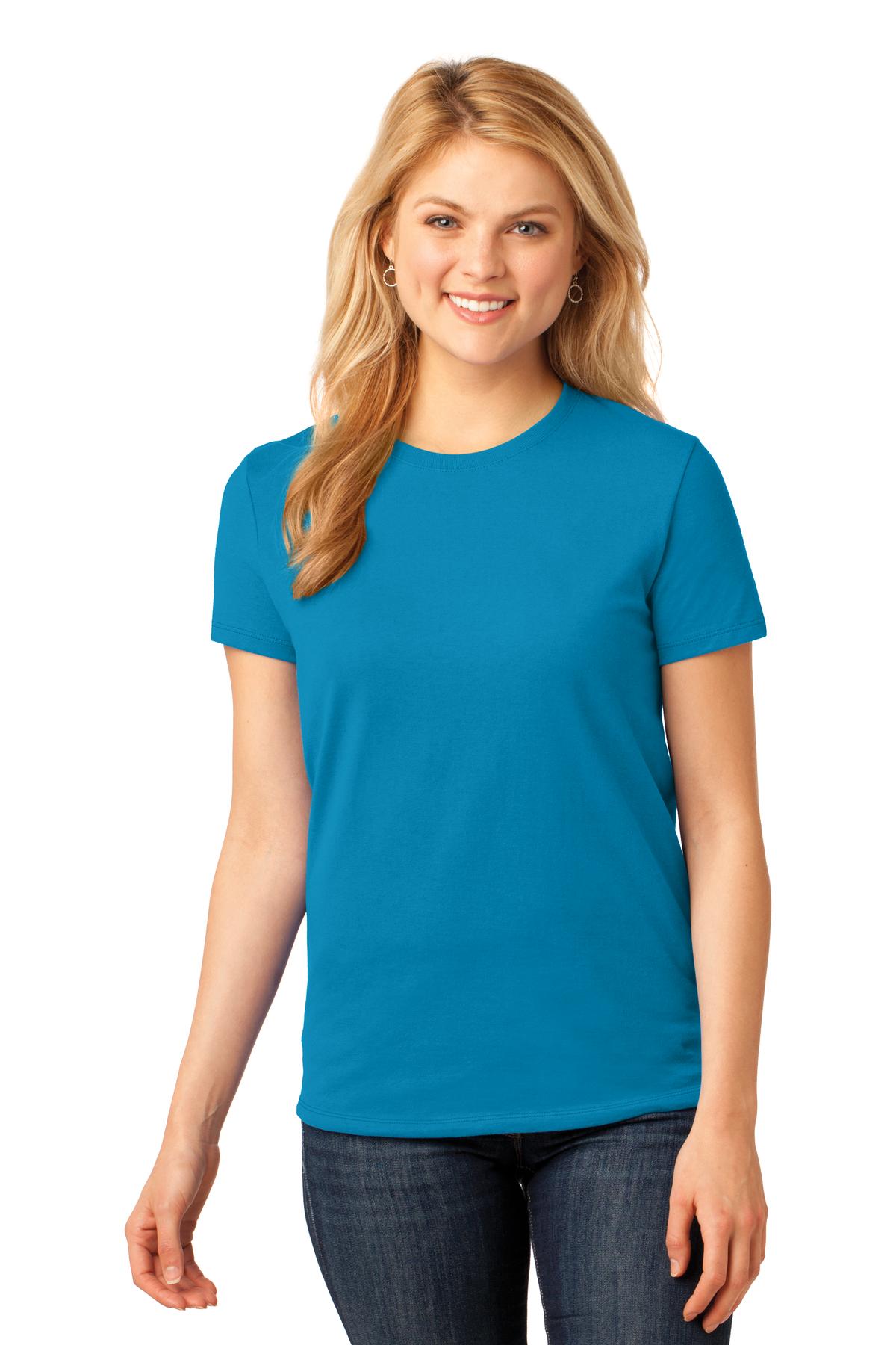 Front View of Neon Blue Port & Company Women's Core Cotton Tee. LPC54
