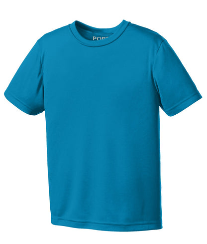 Front View of Neon Blue Port & Company Youth Performance Tee. PC380Y