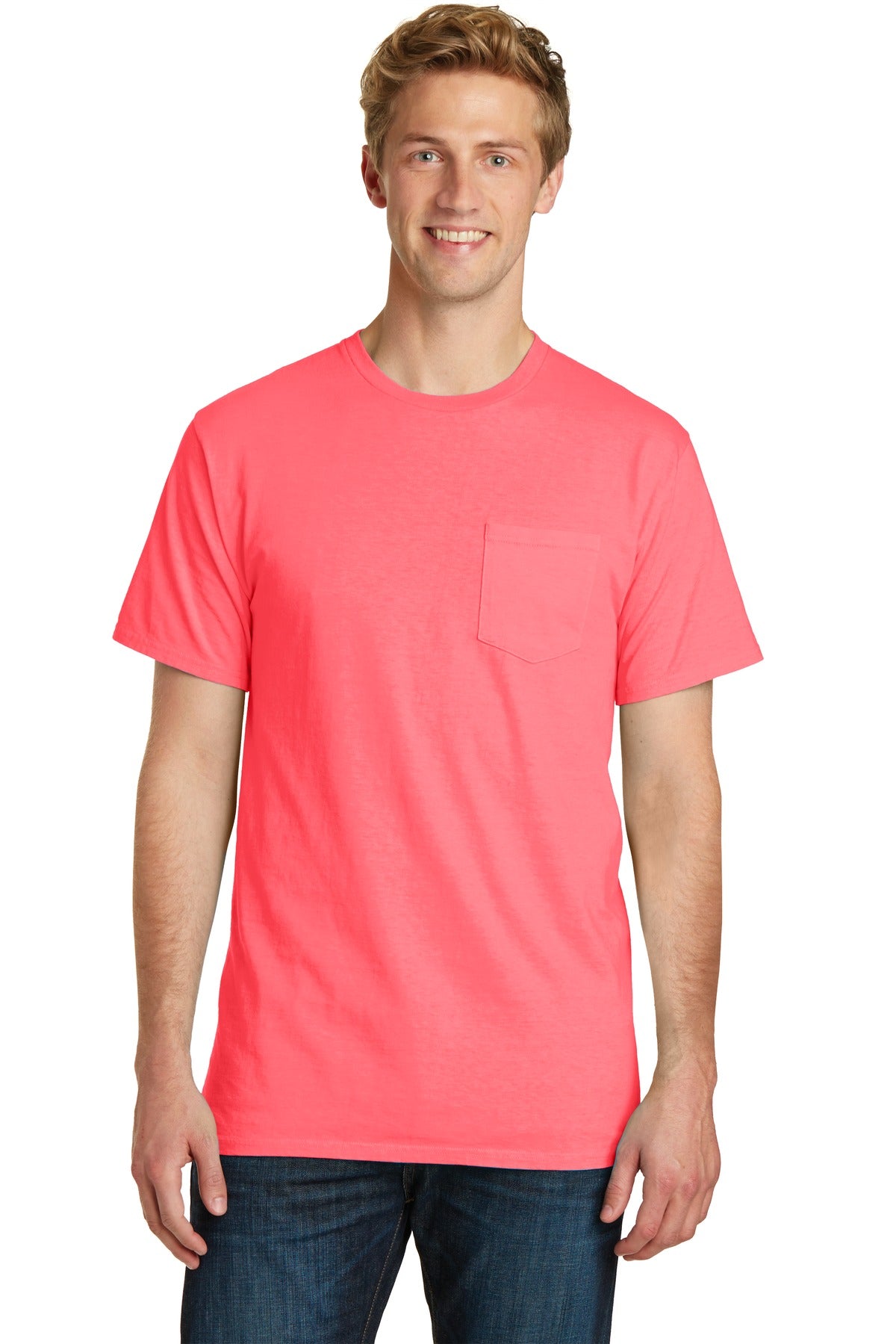 Front View of Neon Coral Port & Company Beach Wash Garment-Dyed Pocket Tee. PC099P
