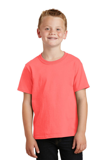 Front View of Neon Coral Port & Company Youth Beach Wash Garment-Dyed Tee. PC099Y