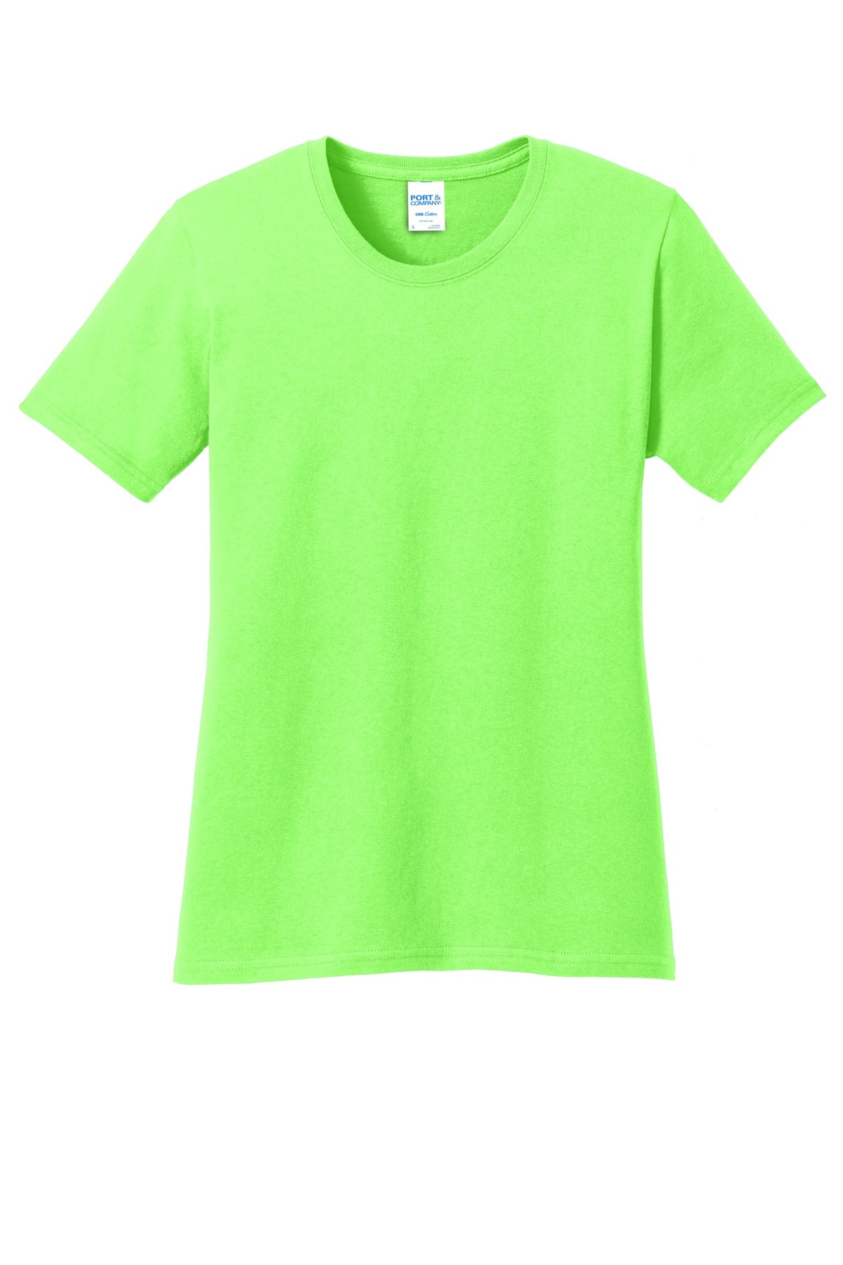 Front View of Neon Green Port & Company Women's Core Cotton Tee. LPC54