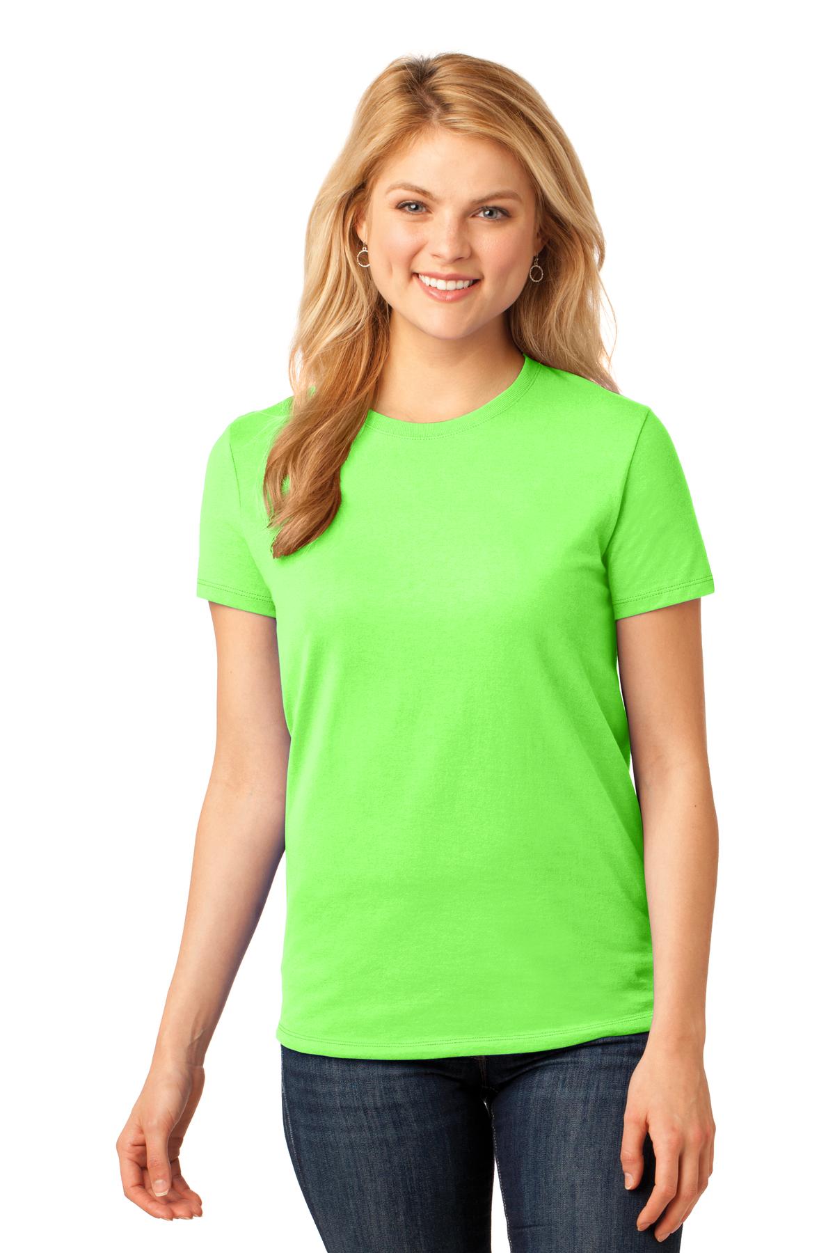 Front View of Neon Green Port & Company Women's Core Cotton Tee. LPC54